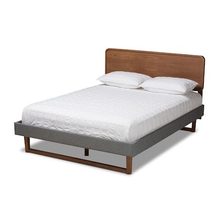 Baxton Studio Ayla Grey Upholstered Walnut Finished Wood Queen Size Platform Bed 156-9414-9429